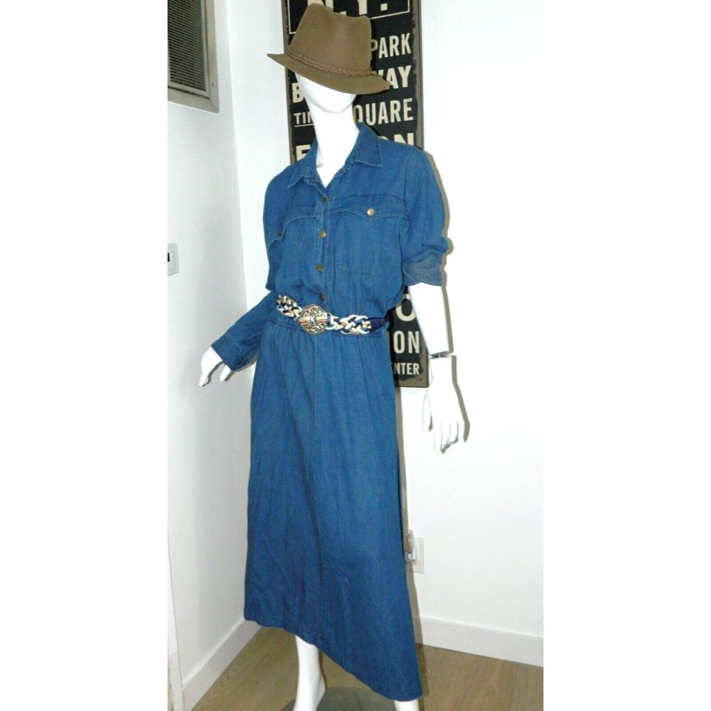 Carol Anderson Dress Women's Denim Collared Blue Jean Pockets Maxi Dress Size 14